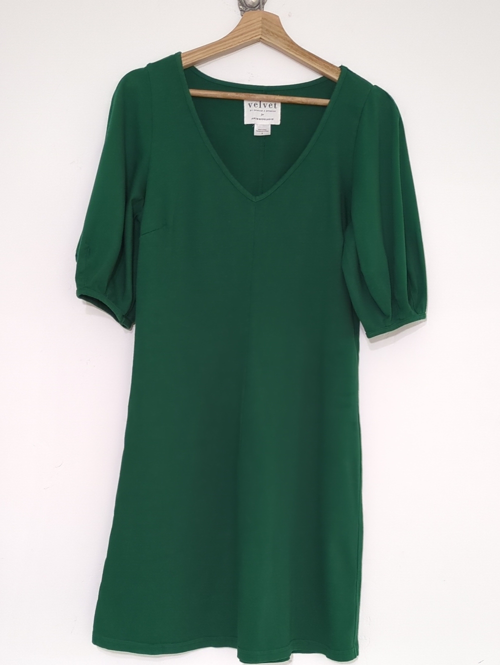 Velvet by Graham & Spencer Emerald Green V-Neck Puff Sleeve Mini Dress